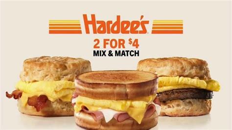 Hardee's breakfast deals 2 for $4 - Hotcakes and Sausage. Sausage Burrito. Hash Browns. Fruit & Maple Oatmeal. Egg McMuffin® Meal. Sausage McMuffin® with Egg Meal. Sausage Biscuit with Egg Meal. Bacon, Egg & Cheese Biscuit Meal. Bacon, Egg & Cheese McGriddles® Meal. 